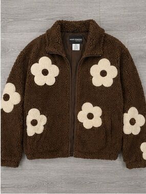 Mark Edwards Brown Sherpa Jacket with Cream Flower Appliqués